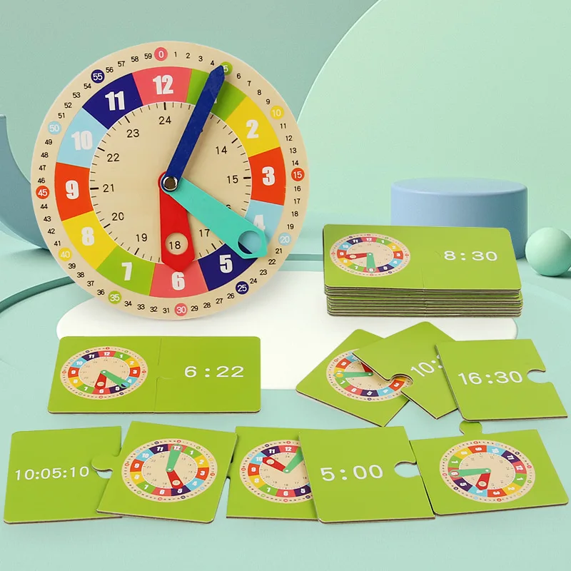 Drewniany model zegara pomoc dydaktyczna, zegary edukacyjne Montessori z kartami, Kindergerartner zabawka do gry, interakcja ściana pokoju zabaw