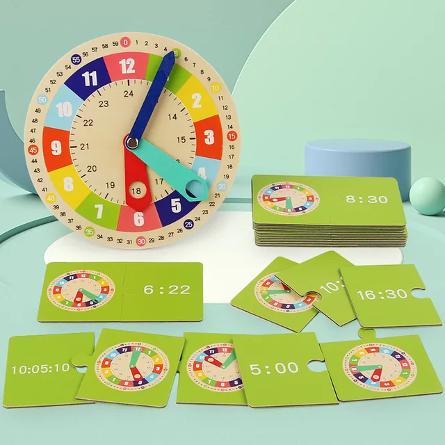 Drewniany model zegara pomoc dydaktyczna, zegary edukacyjne Montessori z kartami, Kindergerartner zabawka do gry, interakcja ściana pokoju zabaw