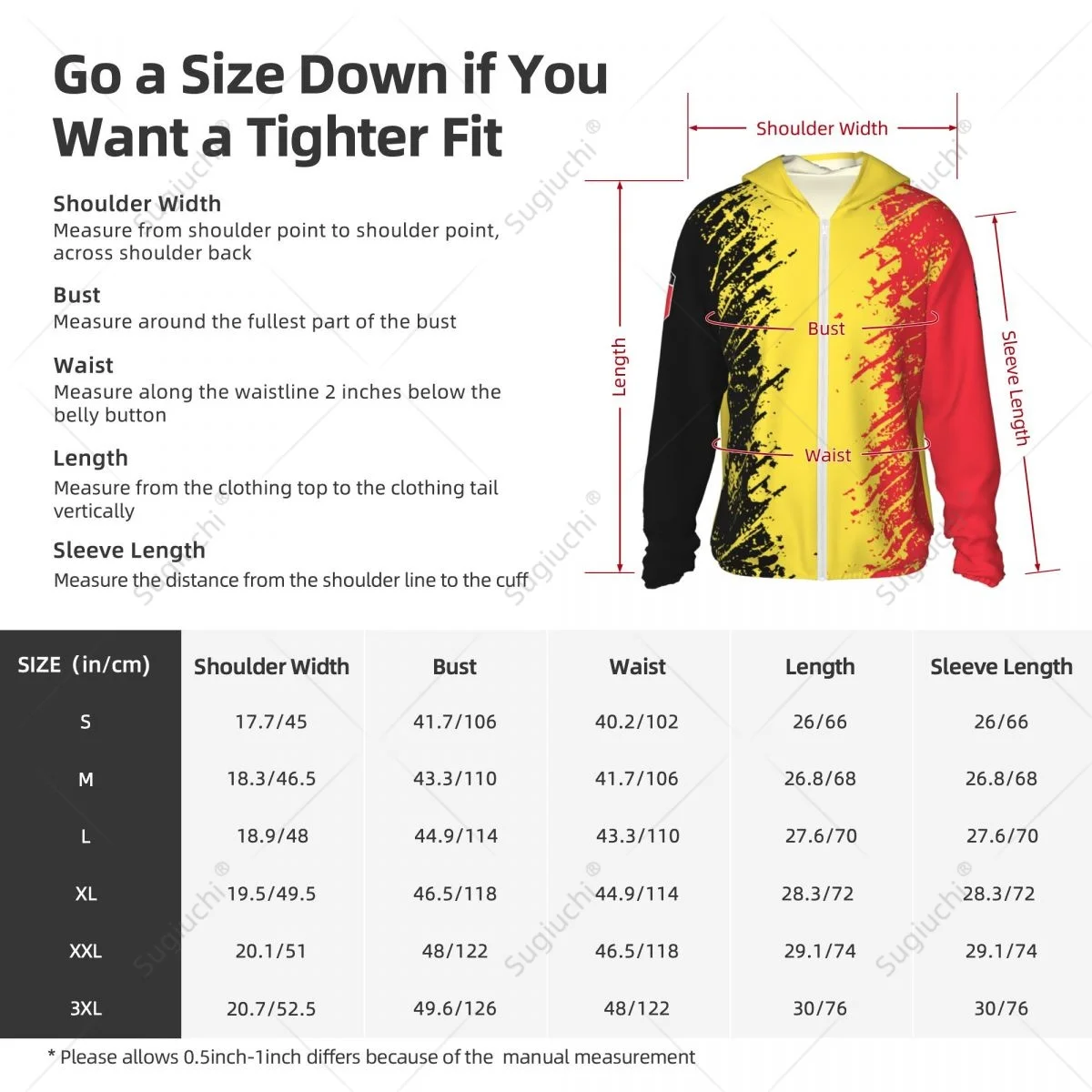 Hoodie de manga comprida com zíper, Proteção solar de poliéster, Roupas para pesca, ciclismo e corrida, Bélgica Flag Grain