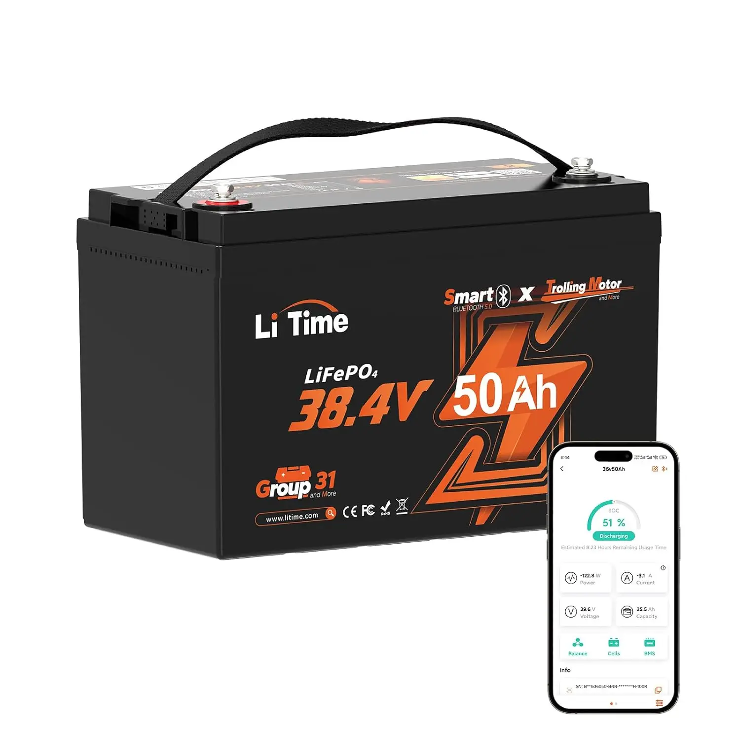 

36V 50Ah Trolling Motor Bluetooth Low-Temp Protection LiFePO4 Battery Buit in 50A BMS, Deep Cycle Group31 Lithium Iron, Custom