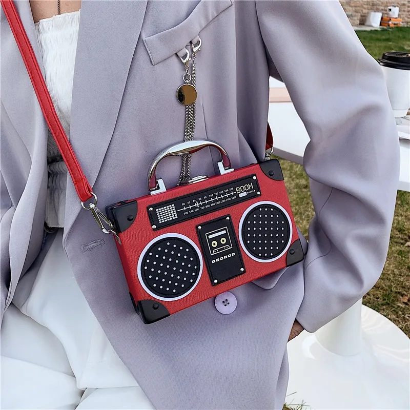 Creative Radio Design Handbag for Women Retro Cassette Recorder Box Handbag Vintage Mini Crossbody Bag Novelty Mini Hard Case