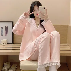 Korean Women Pajama Sets New Cotton Pijamas Female Long Sleeve Trousers 2 Piece Homewear Lace Casual Nightwear Pyjama Suit