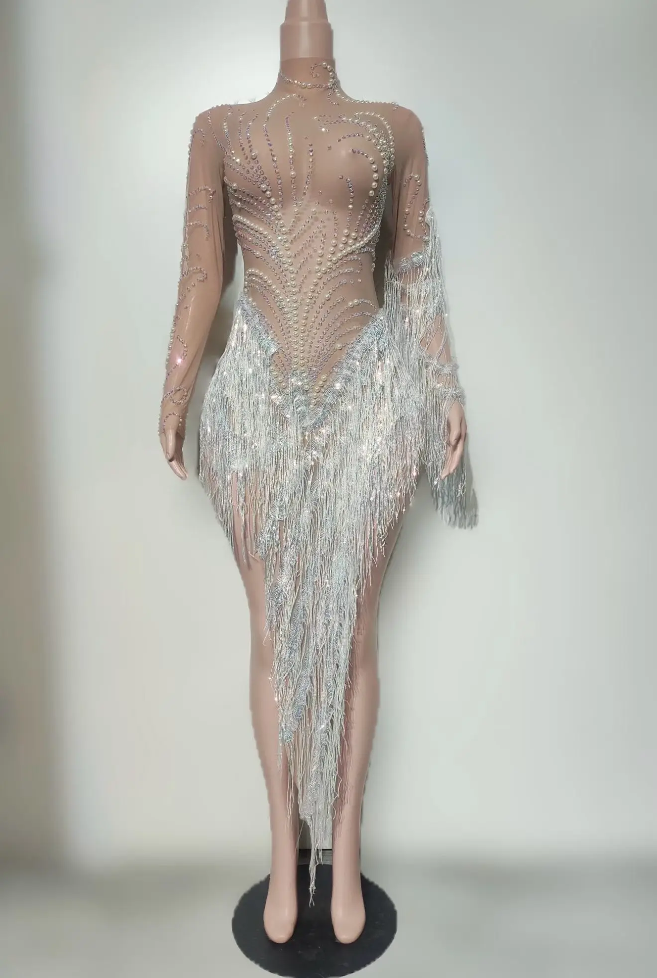 Yezizhu Luxury Nude Mesh Full Gradient White Rhinestone Long Sleeve Mini Dress Irregular Long Shiny Tassel Rave Festival Dress