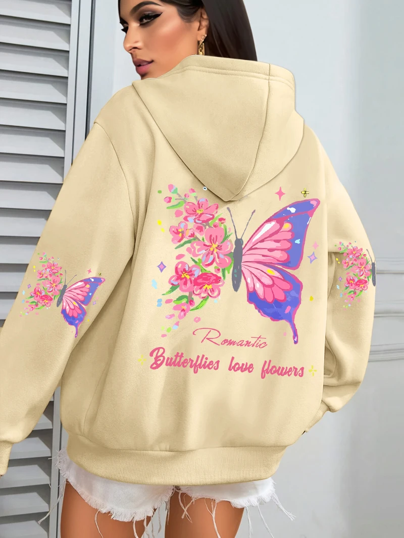 Schmetterlinge Liebe Blumen Bunte Druck Frauen Hoodie Lose Fleece Kleidung Casual All-Match Hoody Herbst Bequeme Hoodies