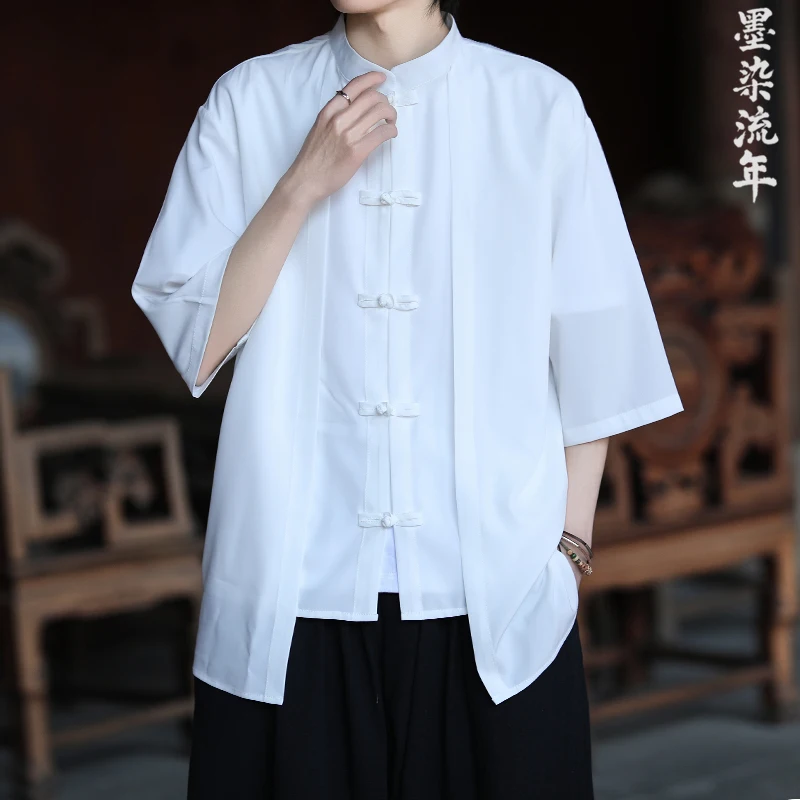 

Chinese Shirt Men Ice Silk Chinese Style Comfortable Breathable Retro Shirt Men Casual Summer Loose Fit Fashion Solid Color Top