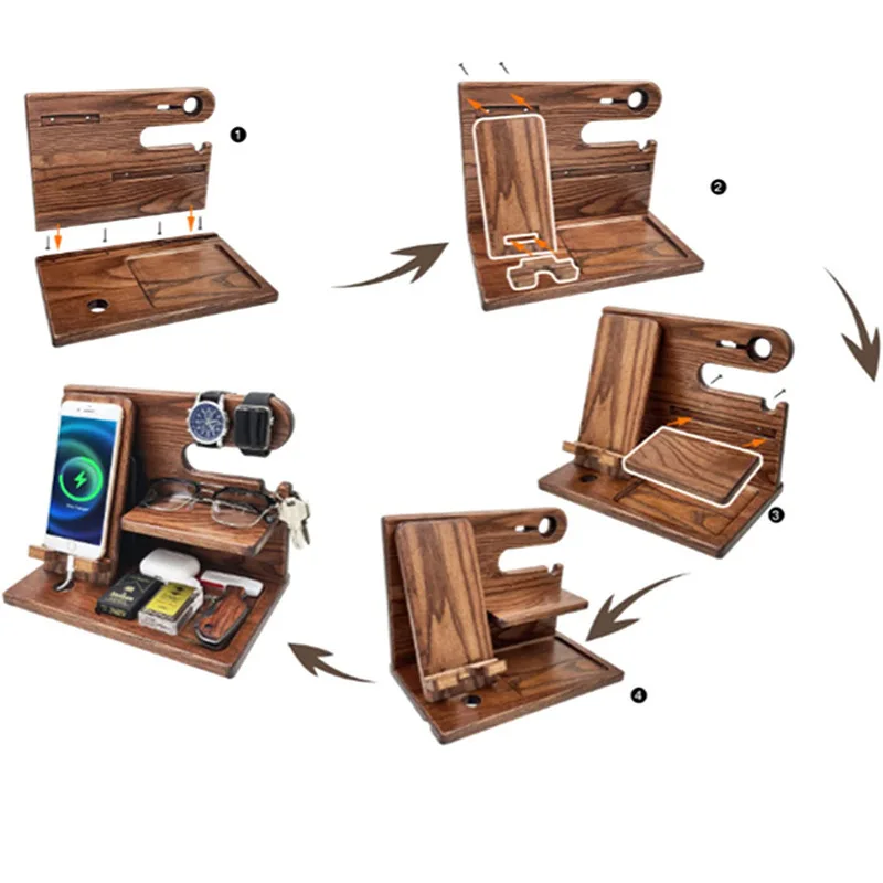 Wooden Bedside Wood Phone Docking Station Holder Wallet Stand Watch Storage Rack Multifunctional Desktop Jewelry Packaging
