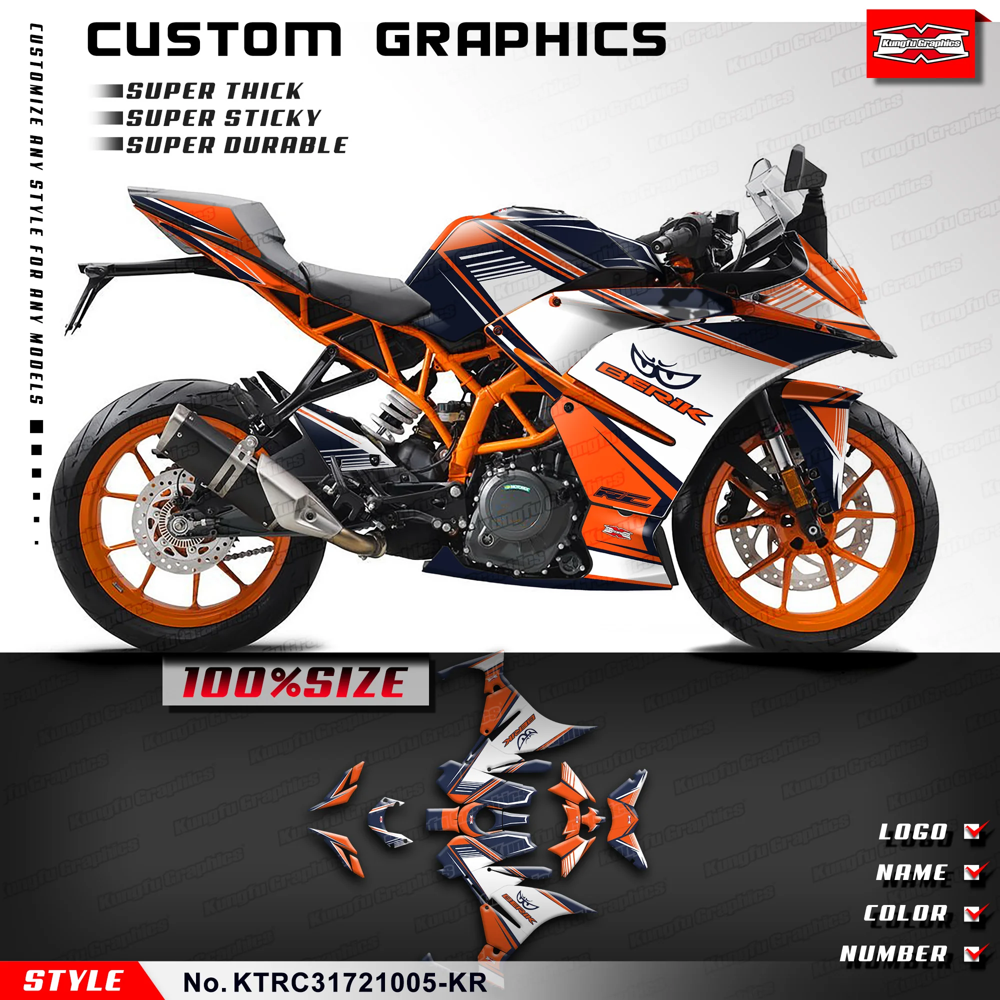 KUNGFU GRAPHICS Graphics Stickers Complete for KTM RC 125 200 250 390 14 15 16 17 18 2019 2020 2021, KTRC31721005-KR