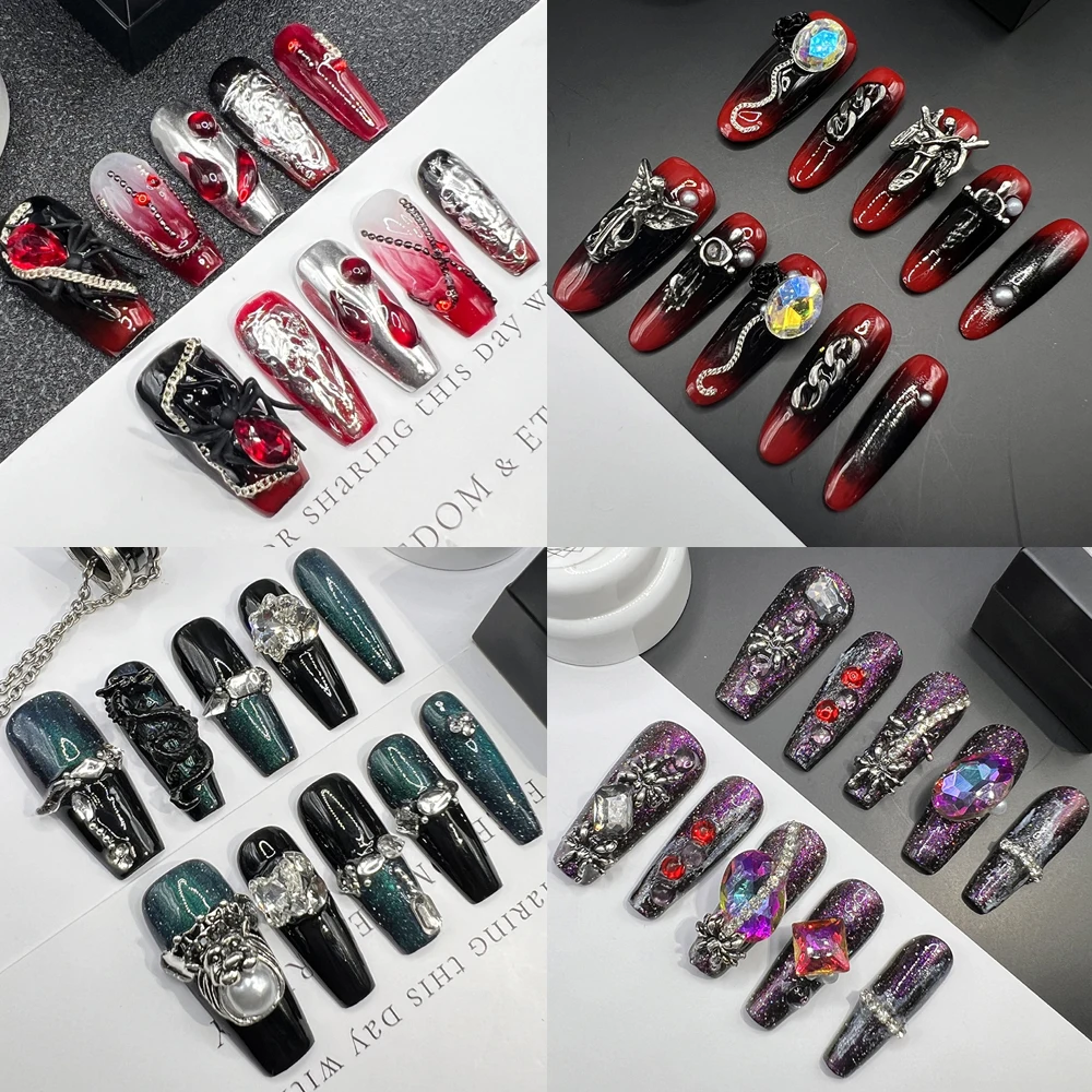 Euro-american Artifical Press on Nails 3D Pearl Rhinestone Decoration Gothic Long Coffin Square Reusable Full Cover Nails