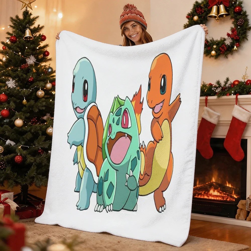 Pokemon Pikachu Gengar Bulbasaur Charmander Squirtle Psyduck Flannel Throw Blanket Soft Warm Blanket for Sofa Bed Home Decor Gif