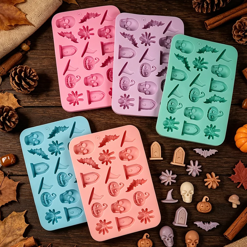 Halloween Silicone Mold 18-Cavity Skull Witch Hat Tombstone Bat Pumpkin Spider Chocolate Candy Biscuit Cake Topper Mold