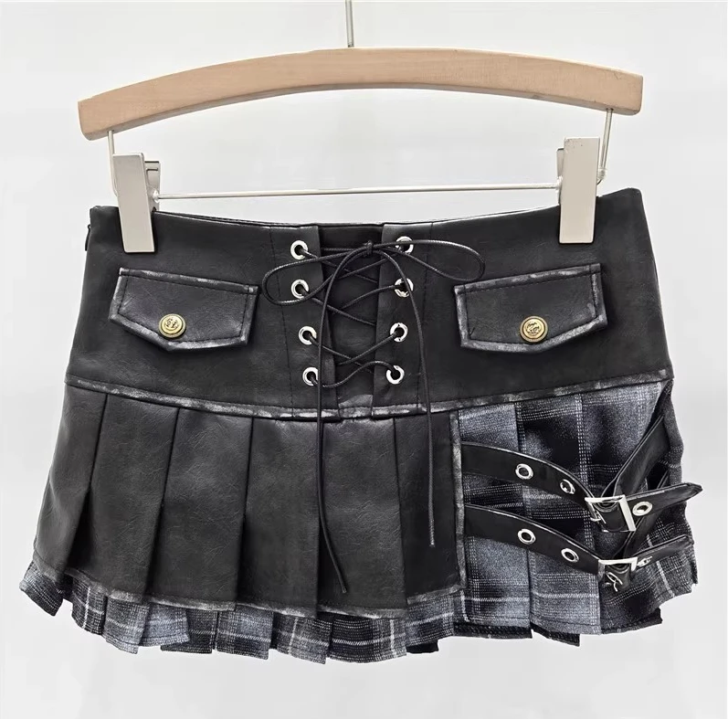 الأمريكية مثير الخريف الشتاء الصناعة الثقيلة الرجعية بولي Leather الجلود الربط تنورة الحلو فتاة باردة الحد من العمر الأزياء مطوي التنانير