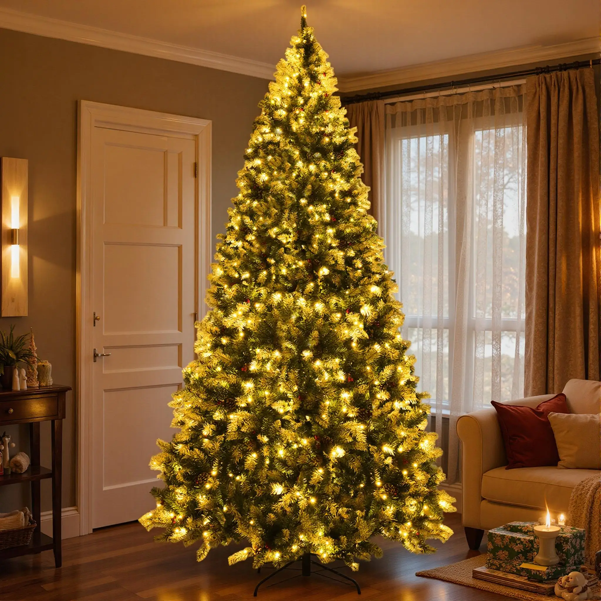 

9FT Lightened Christmas Tree, Snowy Xmas Decoration Tree w/ 900 Warm White LED Lights & 2058 PVC Tips, Hinged Structure