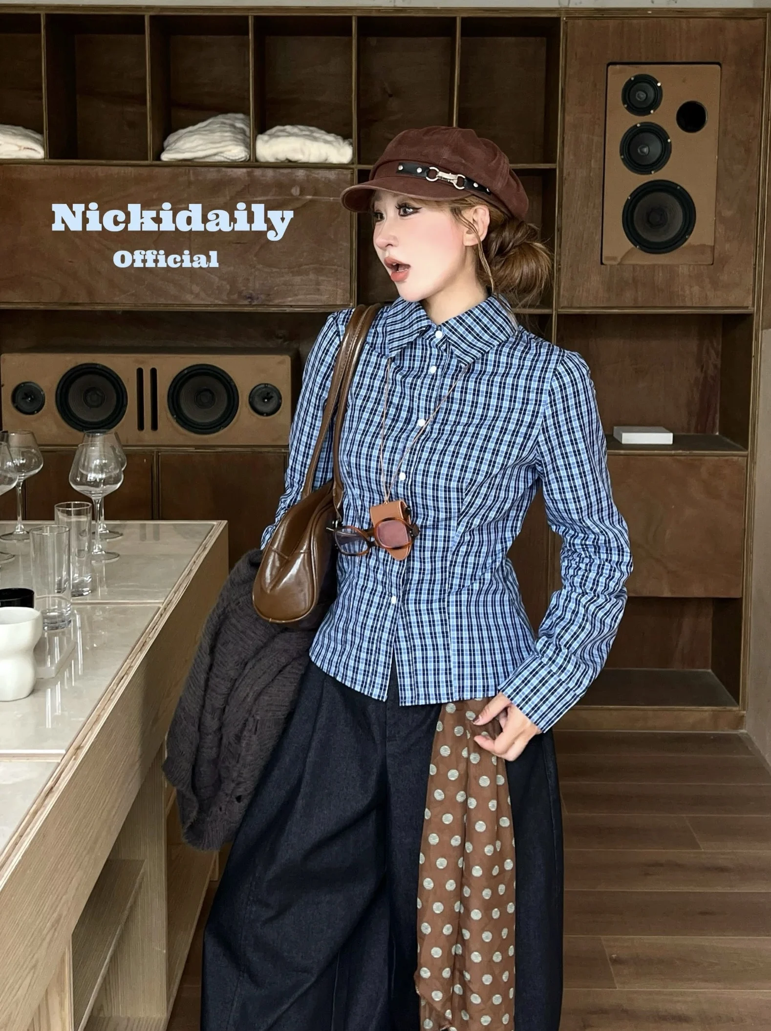 

Женская рубашка NiiDaily в стиле ретро в клетку с длинными рукавами и завышенной талией, двухцветная, повседневная, хлопковая, для молодых девушек