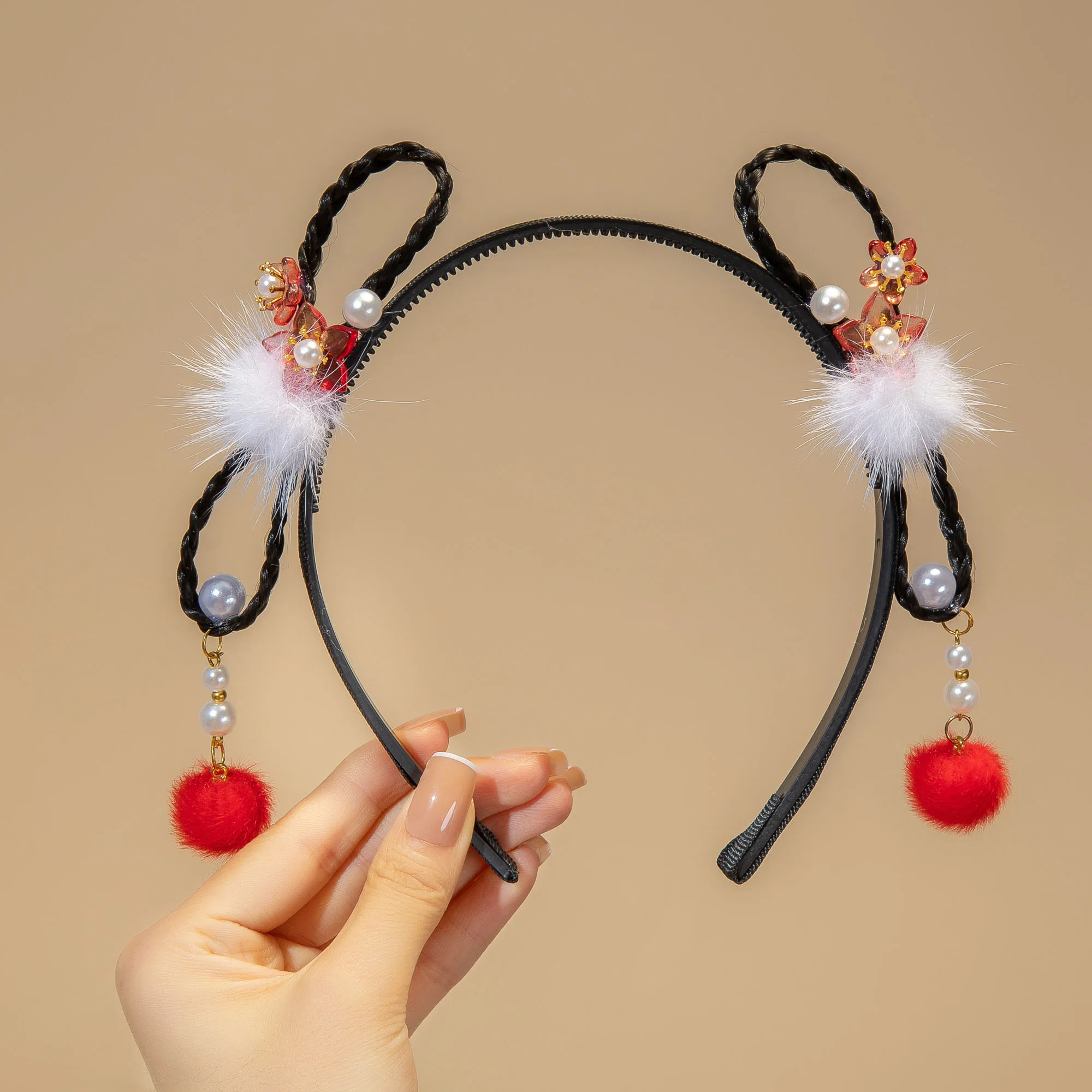 Haarspangen Haarreifen Mädchen geflochtene Perücke Quaste Blumen Haarreifen für Mädchen, Neujahr Haarschmuck, Hanfu Styling Kopfbedeckung – Detail 6
