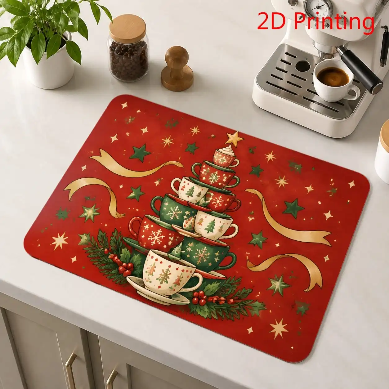 Dish Drying Mat 2D Printing Christmas Tree Cushion Super Absorbent Coffee Mug Pattern Espresso Machine Placement Pad