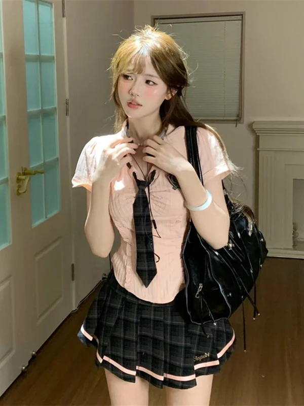 

American Style Sweetheart Uniform Set Women's Summer New Short Sleeve Shirt Top Plaid Skirt Two Piece Set Fashionable Wo...
