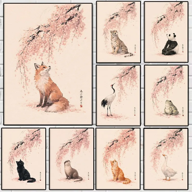 Pink Cherry Blossom Animal Japan Art Poster Cat Fox Sloth Frog Panda Raccoon Canvas Painting Wall Art for Living Room Home Decor