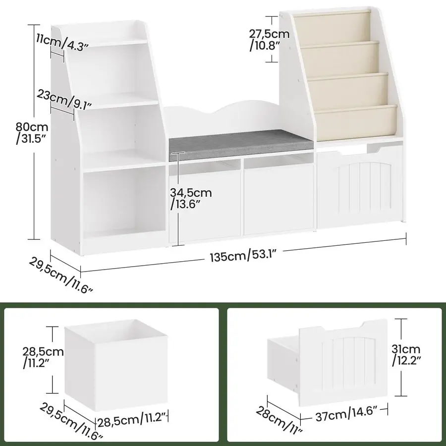Kids Bookshelf with Reading Nook, 4in1 Childrens Bookcase with Soft Bench, Mobile Drawer amp Fabric Bins, Storage Shelves, Books