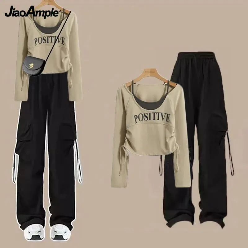 2024 Women Autumn/Winter New Retro Tracksuit Matching Set Korean Elegant Casual Long Sleeve Top+Black Cargo Pants Two Piece Suit