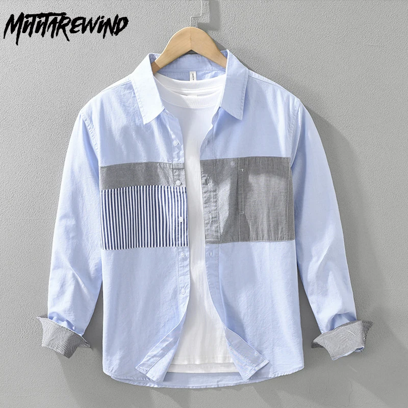 

Japanese Fashion Long Sleeve Shirt Man Spring Fall Daily Causal Pure Cotton Men Shirts Stripe Atchwork Oxford Shirt Loose Shirts