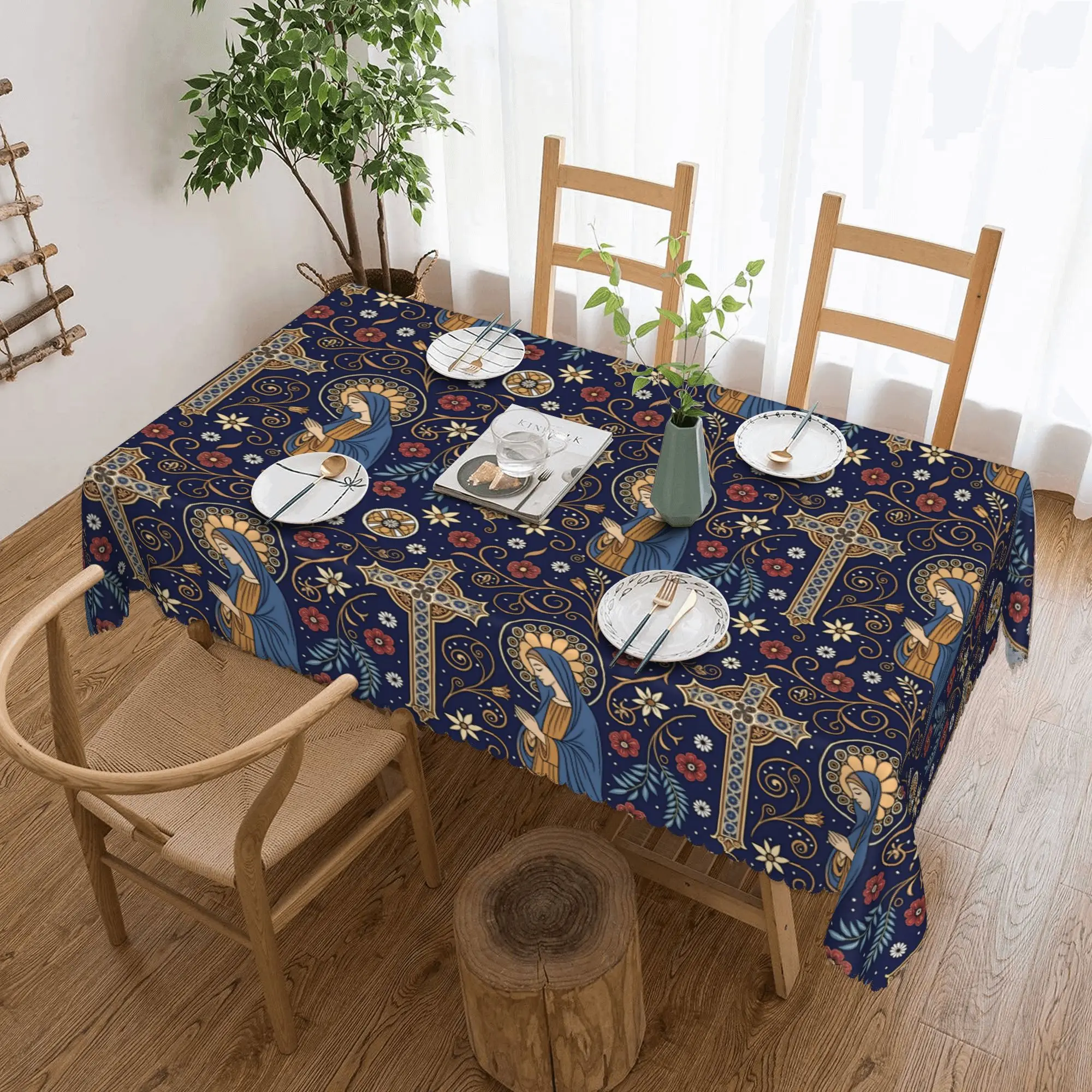 Nappe rectangulaire médiévale Vierge Marie, nappe anti-taches pour extérieur, couvre-table 45-50 pouces