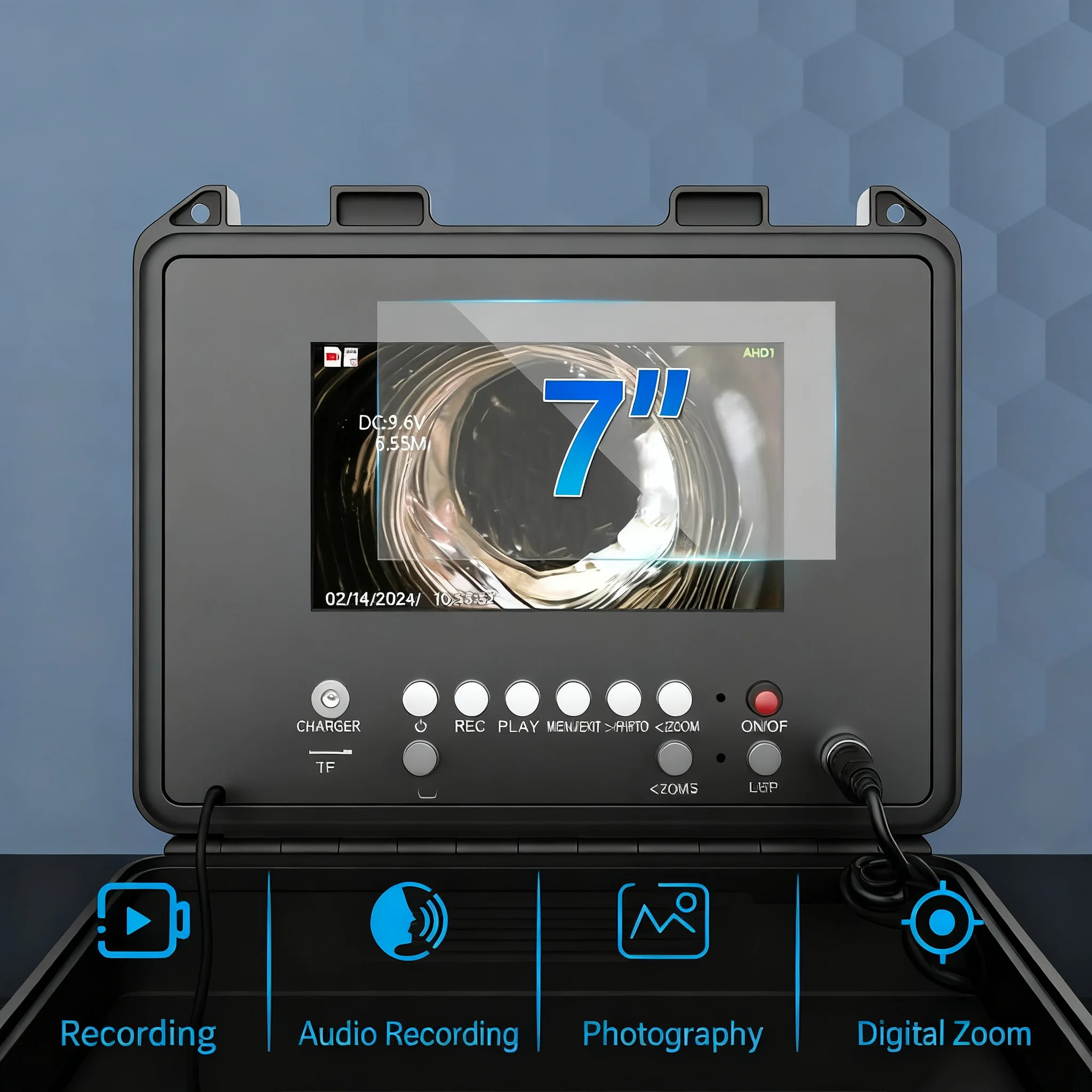 

512Hz Transmitter Self-Leveling Sewer Camera, 5X Zoom DVR Record with 4500mAh Battery IP68 Waterproof Pipe Inspection Endoscope