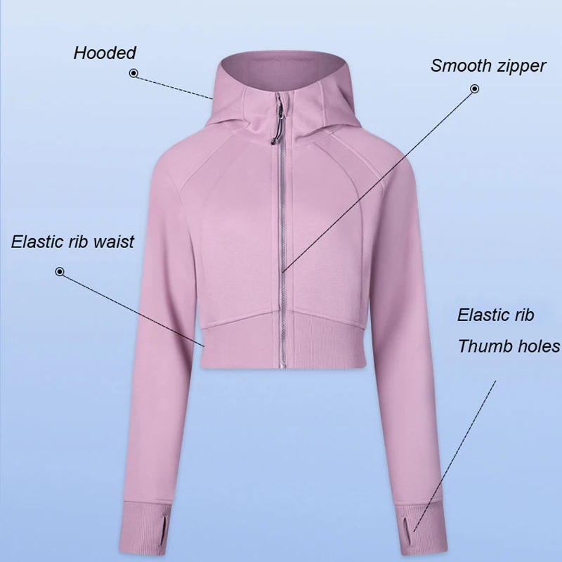 Women Sport Jacket Crop Length Breathable Warm Cozy SCUBA Full-Zip Cropped Hoodie Sweater