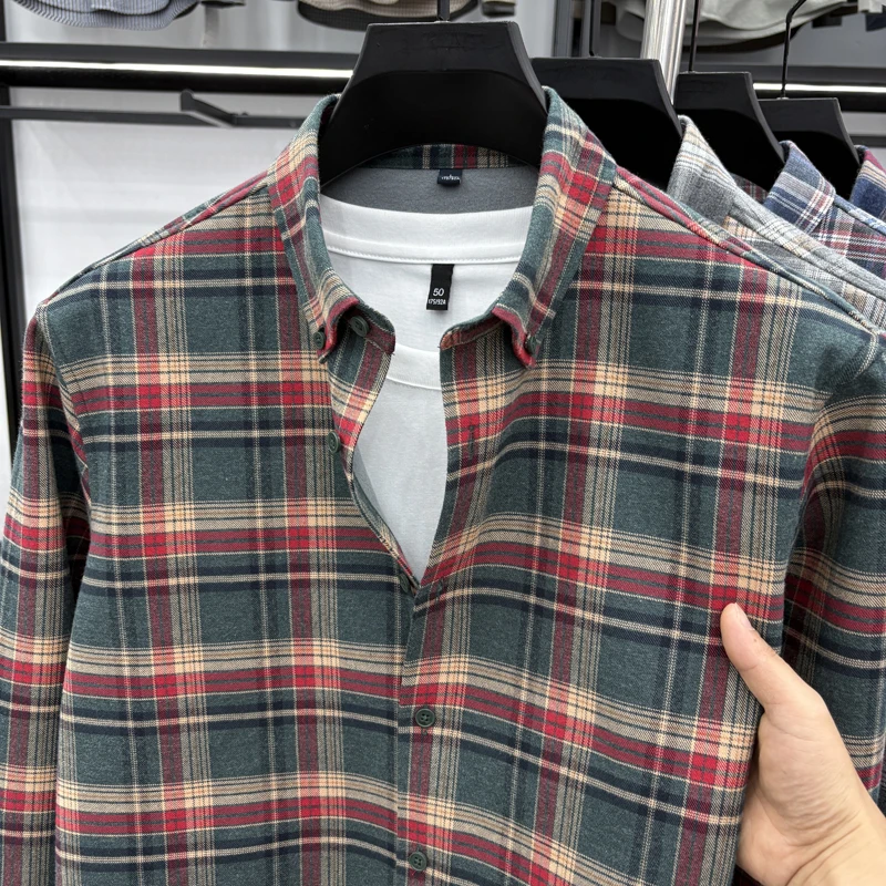 قميص شتوي دافئ بأكمام طويلة مع قميص منقوش من القطن الخالص ذو لون مخملي سميك مبطن بالصوف الذي يحتوي على صوف الأغنام #2