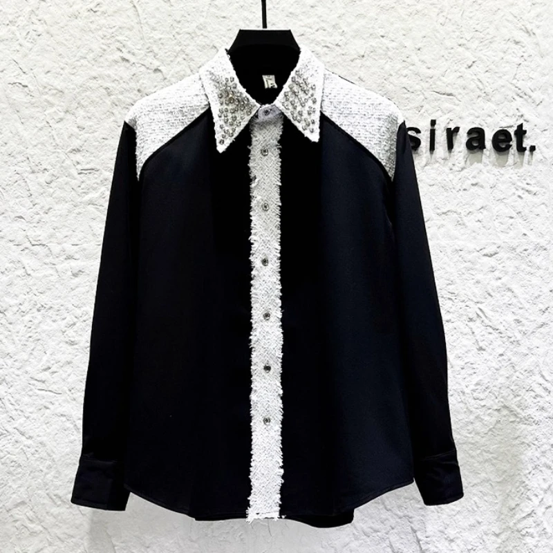 Luxury Diamond Studded Patchwork Shirt for Men Fashion Long Sleeve Social Party Stage Performance Shirt Streetwear Men Clothing