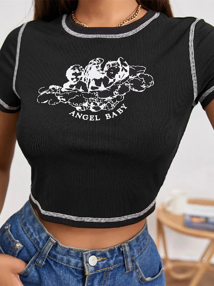 Women\'s Stylish Angel Letter Printed T-Shirt Short Sleeve Round Neck Contrast Stitch Slim Fit Wild Casual Crop Tops for Summer