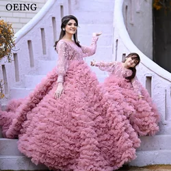 OEING Pink Mom And Daughter Prom Dresses For Photo Shoot Princess Long Sleeves Tulle Tiered Mother And Me A Line Event Gowns