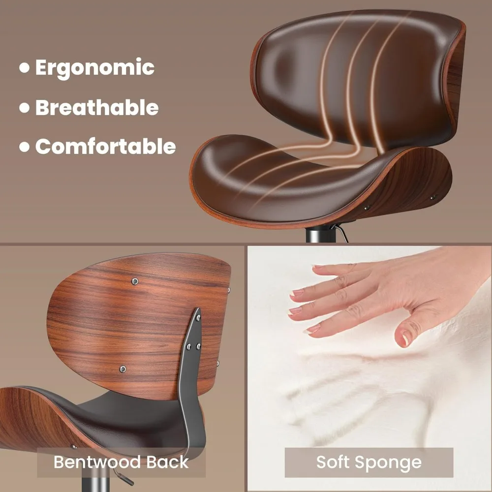 مقاعد بار دوارة حديثة مع مسند ظهر، وكراسي ذات ارتفاع مضاد للمطبخ وغرفة الطعام، وخيار جلوس منجد من الجلد البني #4