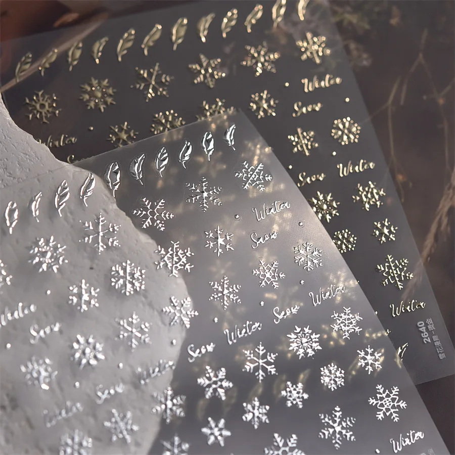 1pcs Bronzing Gold Silver Winter Snowflake Feather 3D thin tough Nail sticker Christmas self-adhesive Decorative Slider