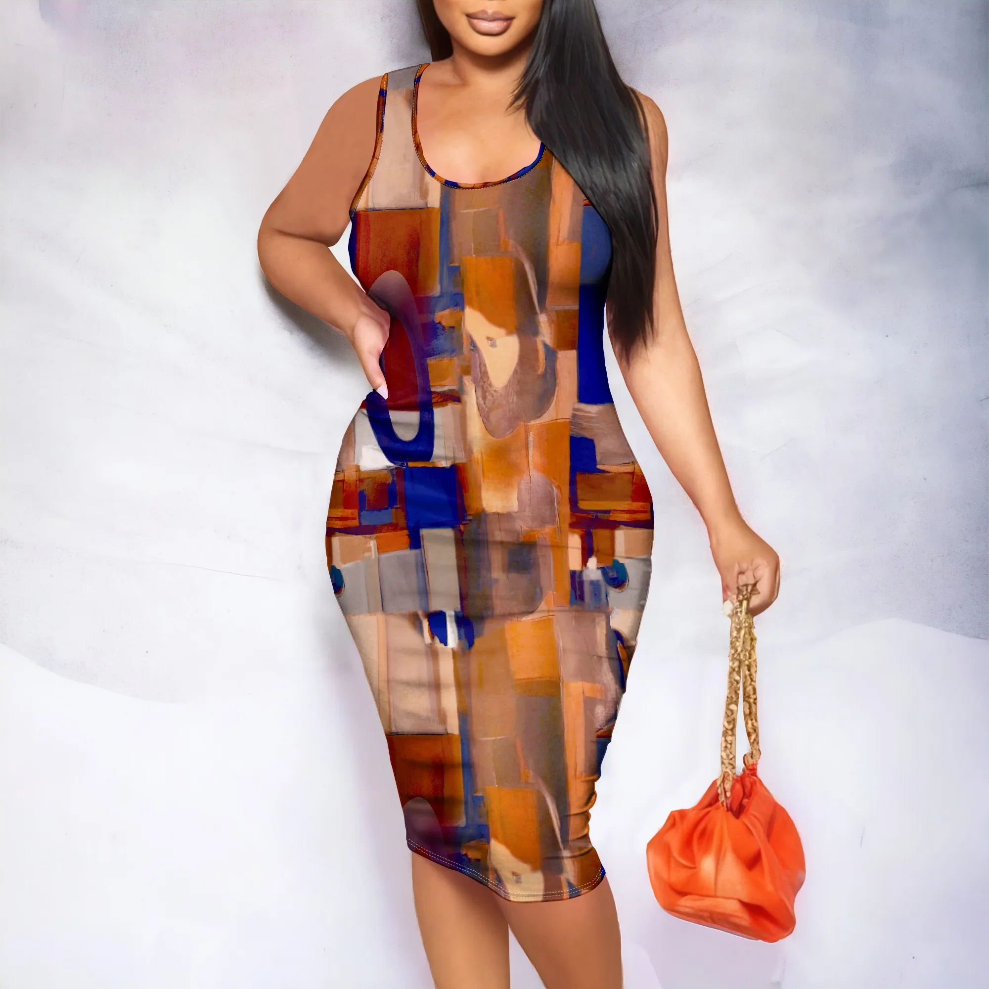 Abstract Art Print Sleeveless Midi Dress, Color Block Pattern, Round Neck Wide Strap, Summer Casual Party Wear, XS-2XL