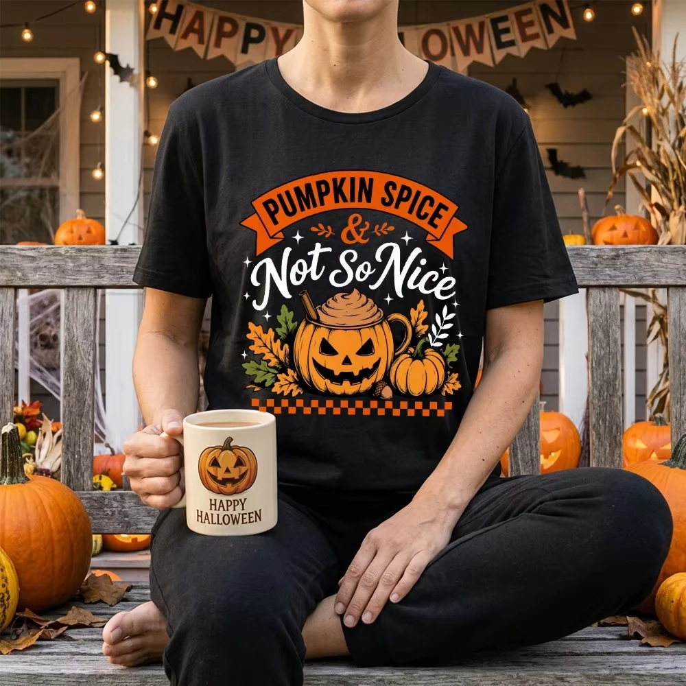 Funny Pumpkin Spice Not So Nice Halloween Graphic T-Shirt Short Sleeve Cotton Fall Latte Spooky Season Unisex Men Women Tee