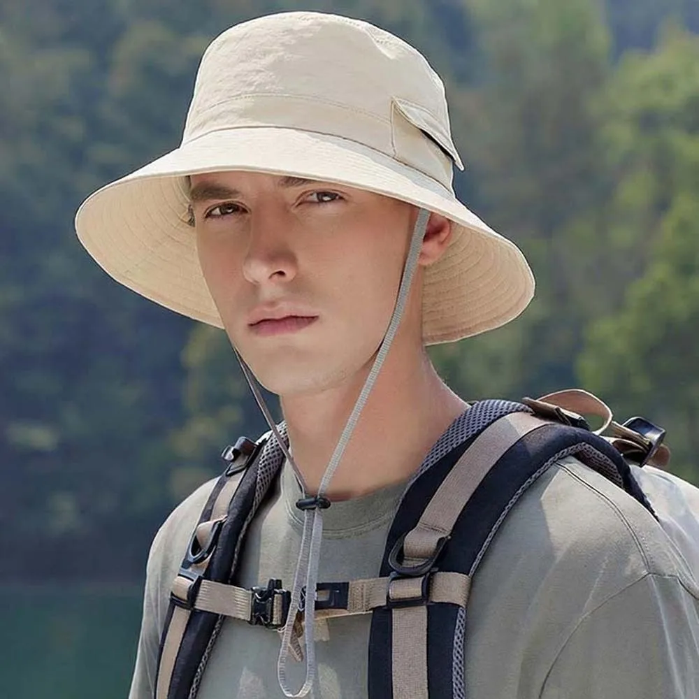 

Sun Cap Drawstring Men's Fisherman Hat Nylon Breathable Sunshade Fishing Hat Wide-Brimmed Lightweight Sunscreen Basin Cap Hiking