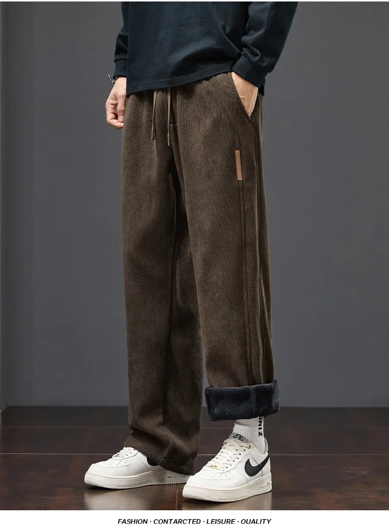 Winter Warme Fleece-Gefütterte Herren-Cordhose, Weite Gerade Hose mit Kordelzug und Elastischem Bund, Streetwear Braune Freizeithose für Männer – Detail 7