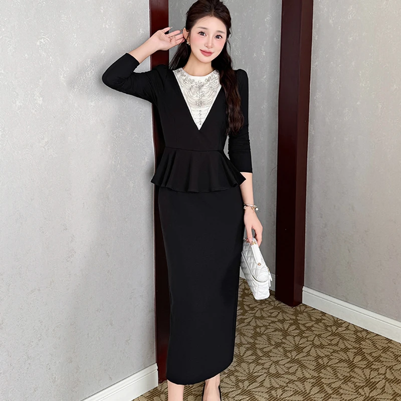 Lente Mode Nep Twee Stukken Splicing Ruches Jurken Vestidos 2025 Herfst Vrouwen Luxe Kralen Lange Mouwen Slanke Bodycon Jurk