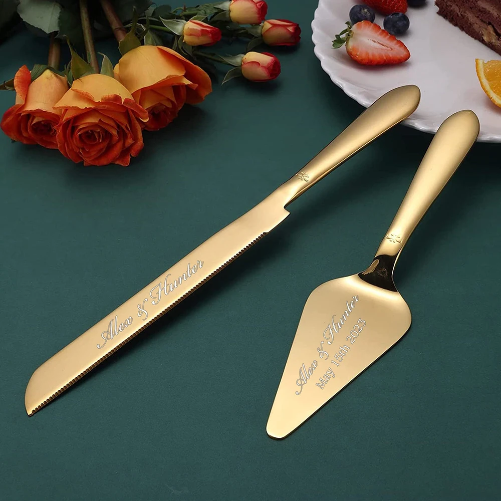 Personalized Stainless Steel Wedding Cake Knife Set Custom Name Cake Decoration Tableware Knife and Fork Bride Party  Gift