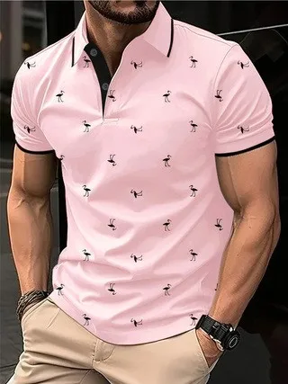 

Men's Vintage Flamingo All Over Print Polo Shirt, Contrast Collar Short Sleeve Casual Tops, Breathable Summer Streetwear for Men