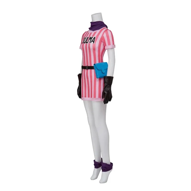 Anime bulma cosplay traje rosa listra vestido feminino halloween carnaval terno bulma traje conjunto completo com headwear luvas cinto saco