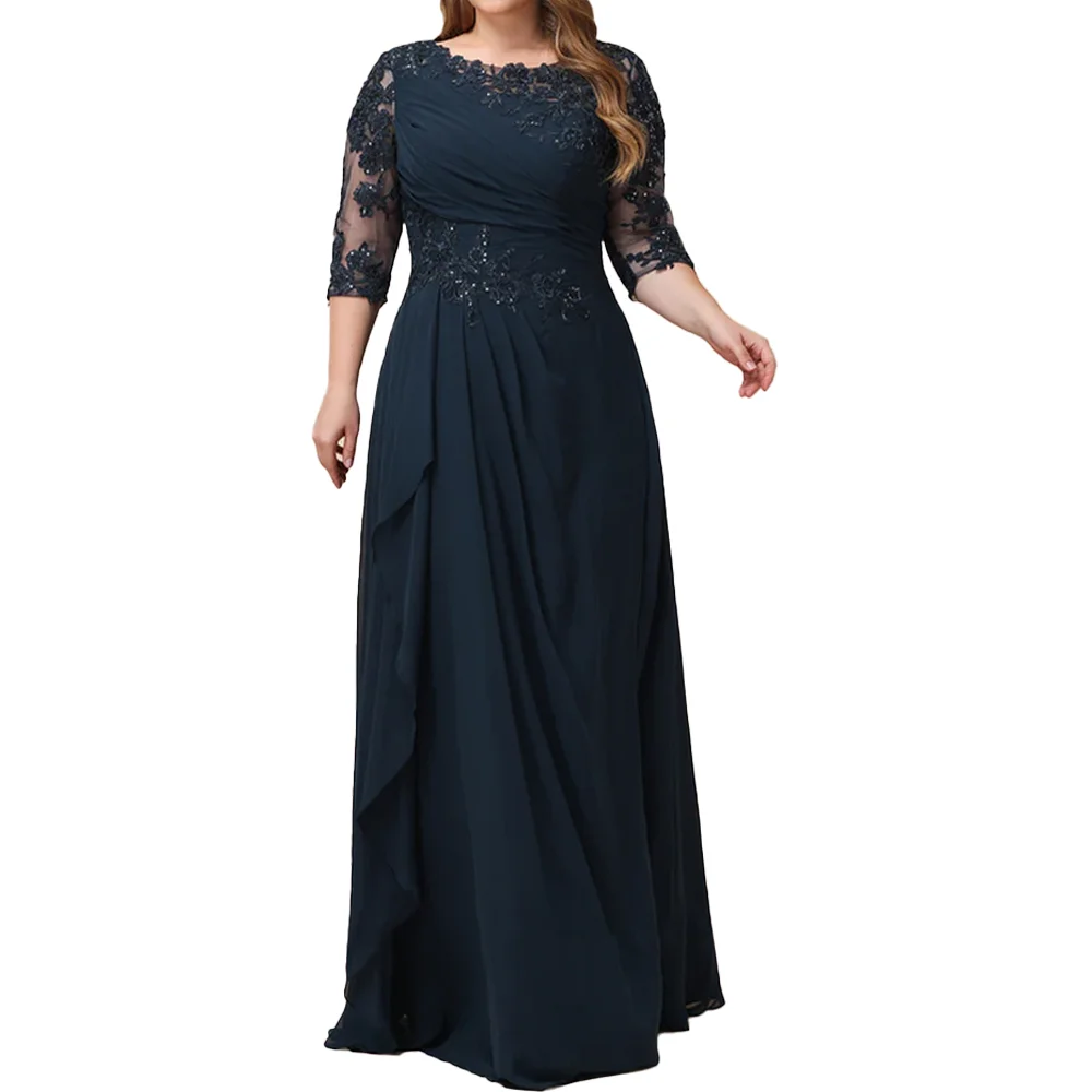 

MANRUIXIN Mother of The Bride Dress Customized Scoop Neck Beading Appliques Pleat 3/4 Sleeves Mother Of Groom Dresses Plus Size