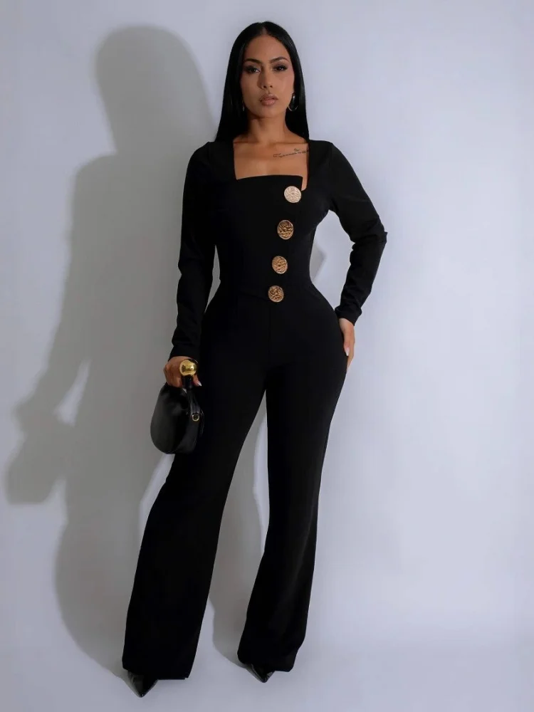 

Sister Star Fashion Casual Personality Line Splicing Big Button Long Sleeve Sports Fitness Temperament Commuter Jumpsuit