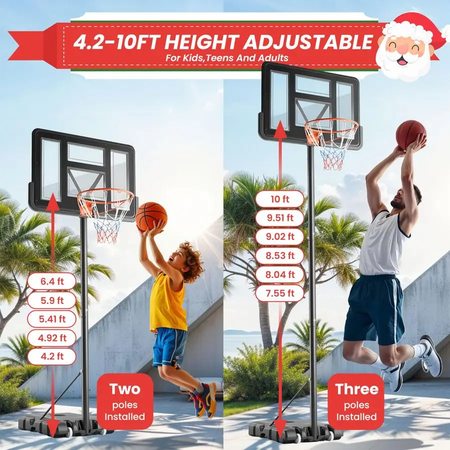 Basketball Hoop Outdoor Adjustable 10ft, Portable Pool Basketball Goal System, 44 Shatterproof Backboard amp Larger Base in Back