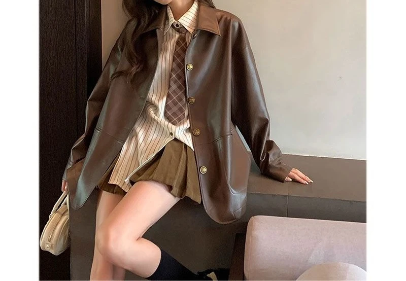 Women's Spring/Autumn New Style Korean Vintage Boxy Long Sleeve Slimming Brown Leather Jacket