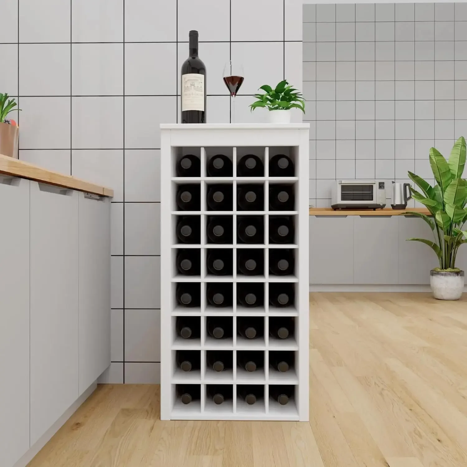 

8-Tier Freestanding Wine Rack Wood, 32 Bottles Wine Rack Counter for Small Space, Farmhouse Stackable Modular Wine Bottle Holder
