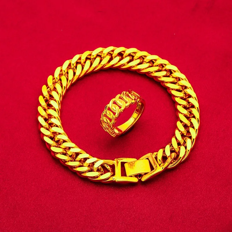 Luxurious 9999 24K gold fashionable women's heart-shaped gold bracelet Cuban women's love flat chain gold jewelry