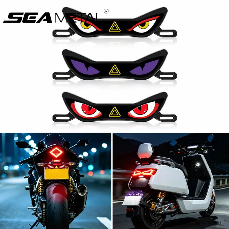 SEAMETAL Universal Motorcycle License Plate LED Light Multiple Modes Waterproof Motorbike Scooter Evil Eyes Tail Warning Lamp