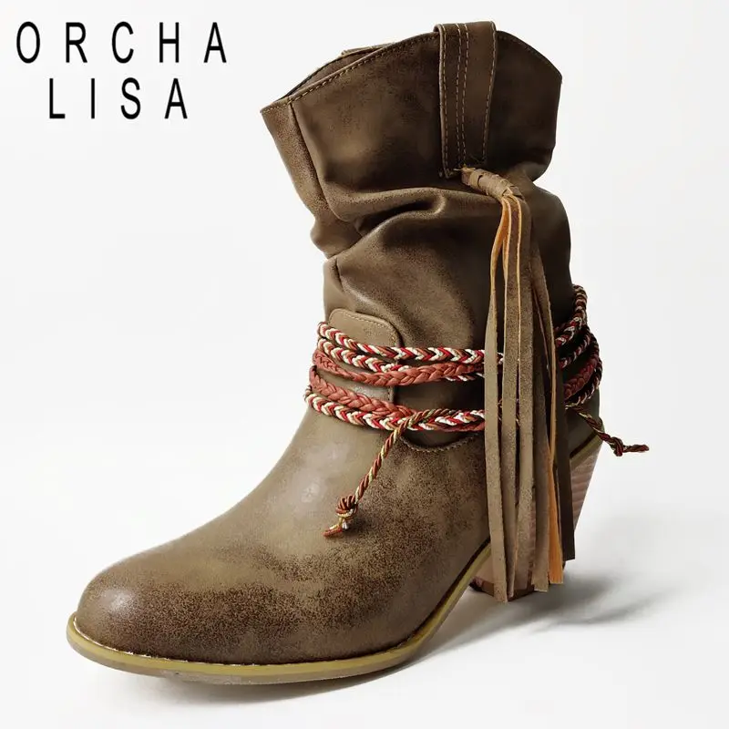

ORCHA LISA 2025 Leisure Female Boots Round Toe Block Heels Slip On Lace Up Tassels Plus Size 41 42 43 Soft Retro Daily Booties