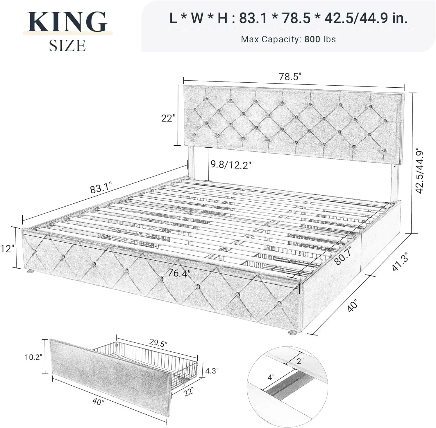 Furniture supplies Allewie Upholstered King Size Platform Bed Frame with 4 Storage Drawers and Headboard, Diamond Stitched Butto